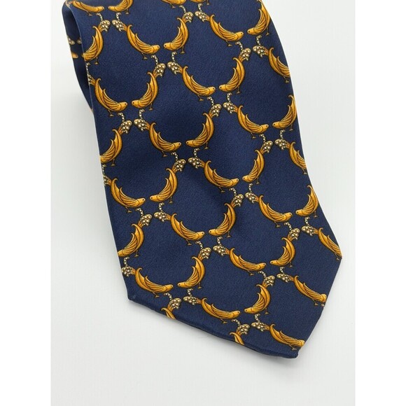 Lanvin Other - Vintage Lanvin Paris 100% Silk Blue Gold Bird Banana Print Men’s Tie Luxury